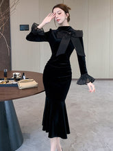 BXOXO party look inspos Black Womens Dresses Elegant Bow Stand Collar Flare Sleeve Mermaid Evening Party Midi Dress Office Lady Casual Chic Vestidos New